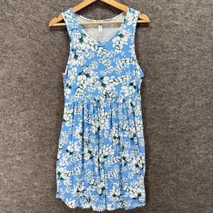 Himone Dress Women L Large Blue Floral Shift Midi Sleeveless Rayon Casual